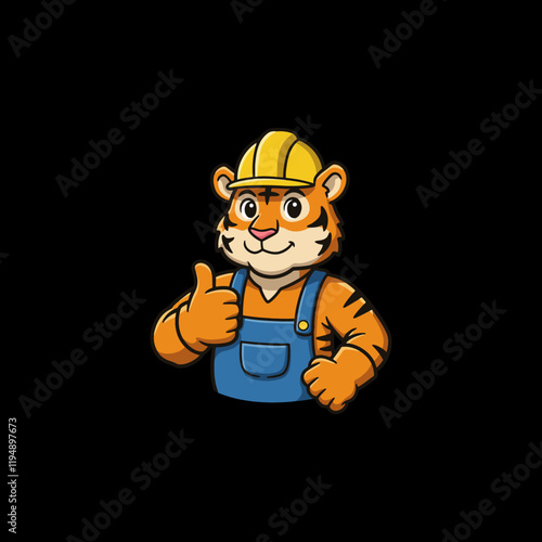 A cheerful cartoon tiger wearing a hard hat and overalls gives a thumbs up gesture symbolizing positive work ethic.