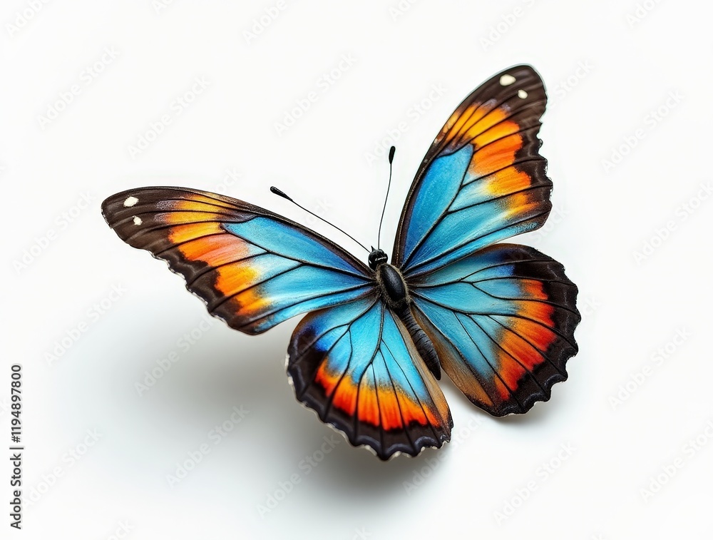 Fototapeta premium Vibrant blue butterfly displaying colorful wings rests on a white surface