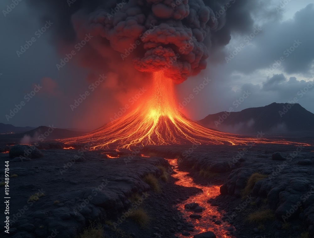 Fototapeta premium Eruption of a volcano at twilight, showcasing lava flow and smoke billowing into the sky