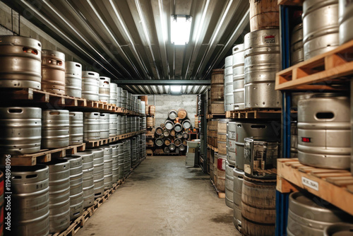 Rows of Stacked Beer Kegs in a Brewery Warehouse Awaiting Distri photo