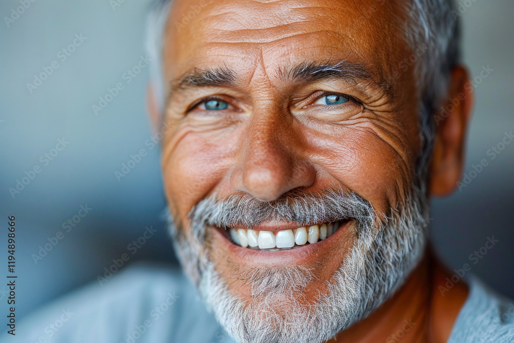Close-up of a bright smiling European senior man showing off hea Close-up of a bright smiling European senior man showing off hea