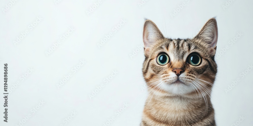 Fototapeta premium Cute tabby cat with large green eyes sitting on the left side of a clean white backdrop creating a minimalist aesthetic with soft lighting.