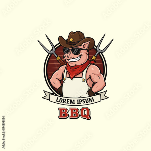 This is a logo design featuring a strong cartoon pig wearing a cowboy hat and sunglasses, ready for BBQ.