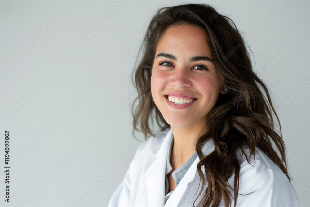 Smiling young female pharmacist in white lab coat. Generative AI image Smiling young female pharmacist in white lab coat. Generative AI image