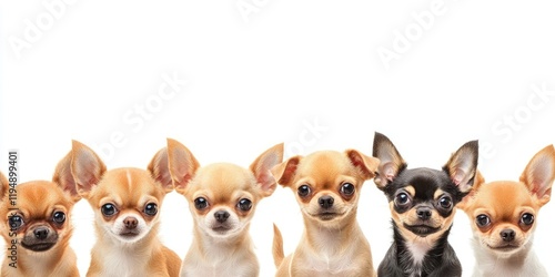 Charming chihuahua puppies lined up in a row on a clean white backdrop, featuring tan and a black puppy, all gazing towards the center.