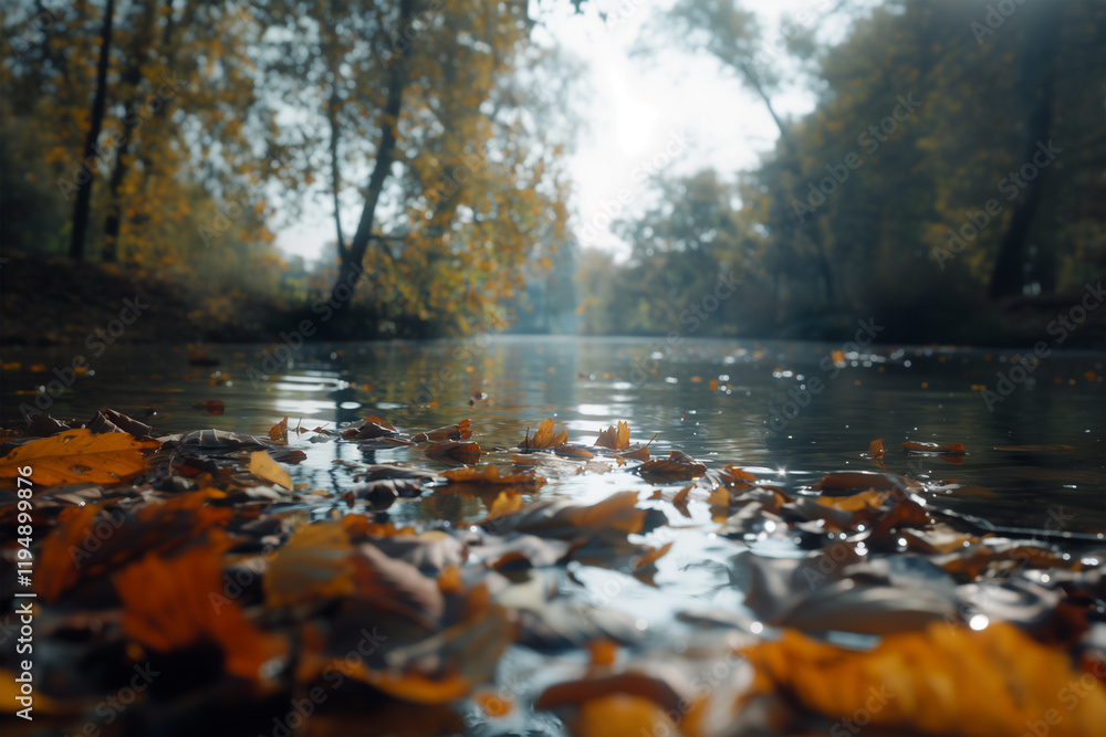 Obraz premium Low-angle view of fallen autumn leaves on river surface. Generative AI image