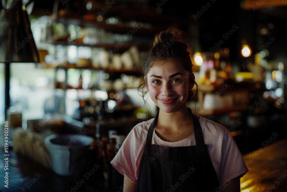 Friendly waitress in rustic cafe setting. Generative AI image Friendly waitress in rustic cafe setting. Generative AI image