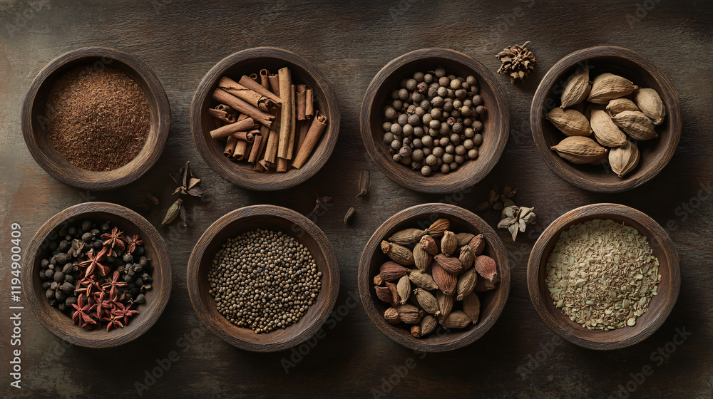A collection of exotic spices from Sri Lanka like cinnamon, cardamom, and cloves, displayed in wooden bowls, used for adding depth and warmth to curries and desserts. A collection of exotic spices from Sri Lanka like cinnamon, cardamom, and cloves, displayed in wooden bowls, used for adding depth and warmth to curries and desserts.