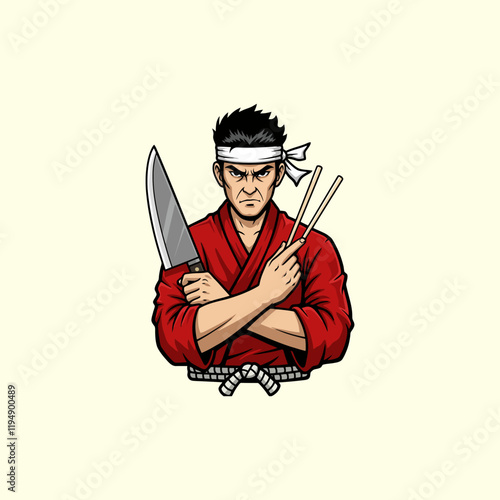 The image depicts a serious looking chef in a red kimono holding a large knife and chopsticks.