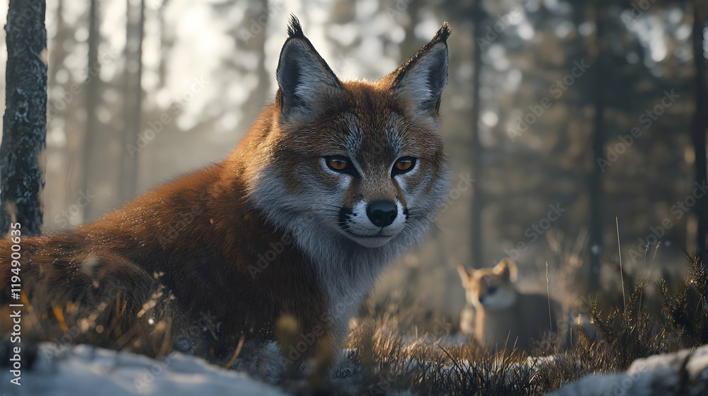 Fototapeta premium Realistic Illustration Foxes in Snowy Winter Forest