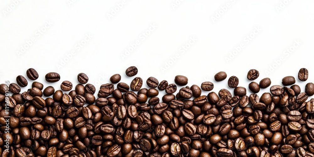 Roasted coffee beans spread across a white background with rich brown tones providing ample space for design and messaging at the top.