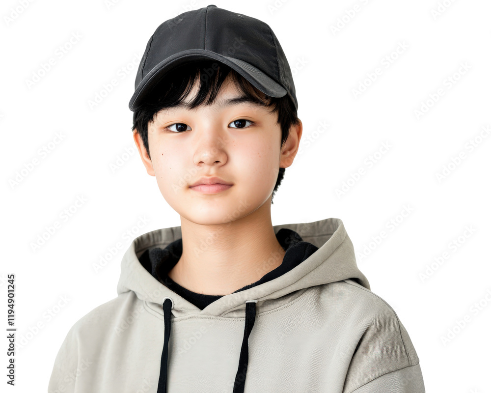 Young Asian male wearing cap and hoodie, isolated on transparency background, exuding calm and confident expression Young Asian male wearing cap and hoodie, isolated on transparency background, exuding calm and confident expression