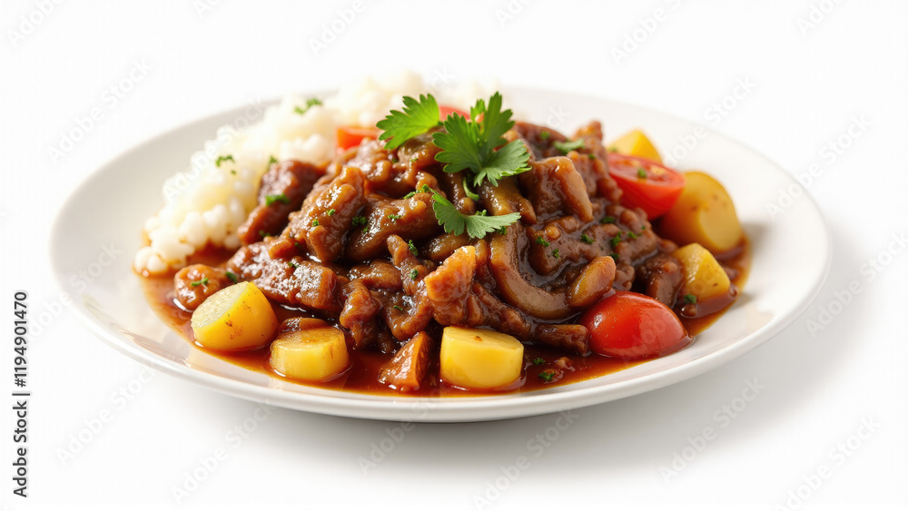 Delicious hearty stew served with fresh vegetables and rice on a white plate Delicious hearty stew served with fresh vegetables and rice on a white plate