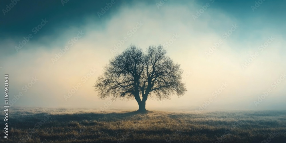 Obraz premium Lonely silhouette of a tall tree in a misty landscape with soft gradient colors of blue and beige fading into the horizon at dawn.