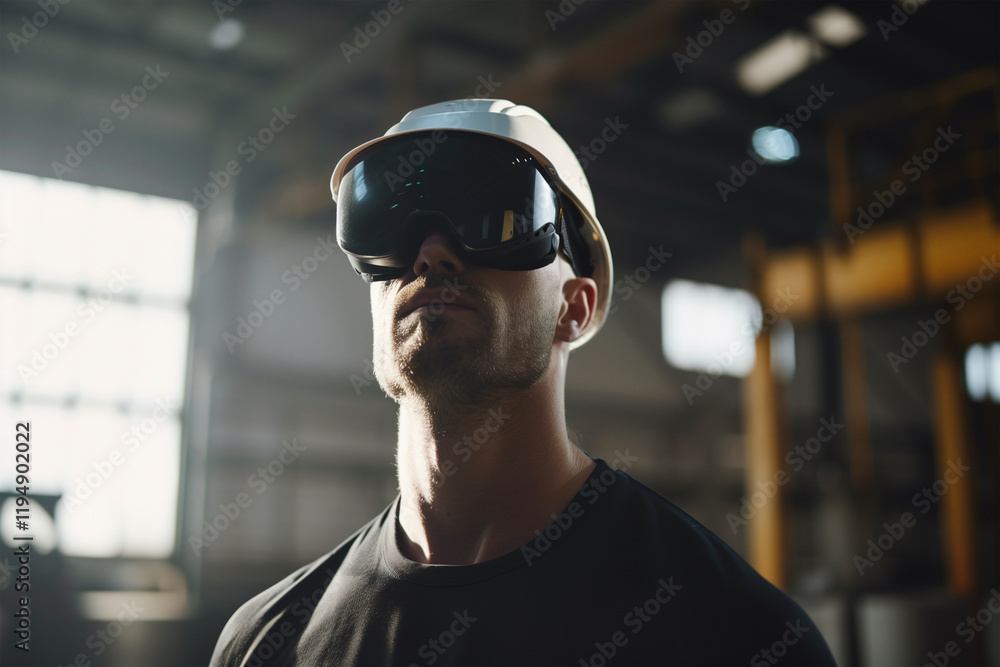 Man in virtual reality headset at a modern industrial site. Generative AI image Man in virtual reality headset at a modern industrial site. Generative AI image
