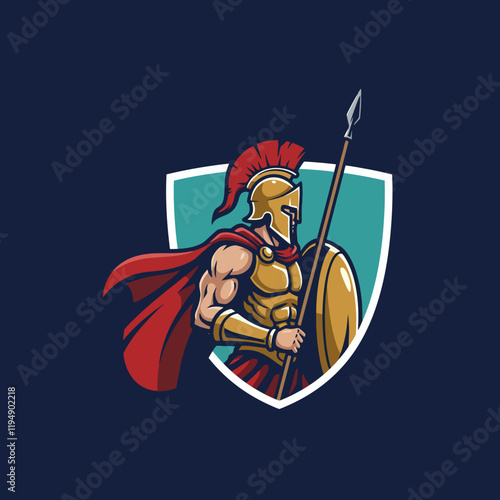 A powerful illustration depicts a Spartan warrior in golden armor holding a spear and shield within a crest.