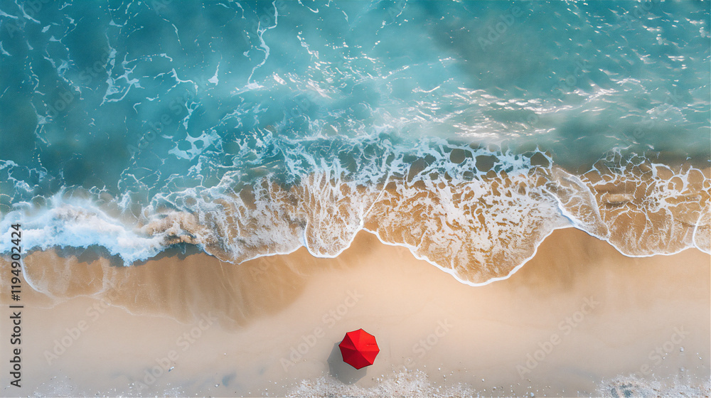 Fototapeta premium Beach with umbrella from above, version 9