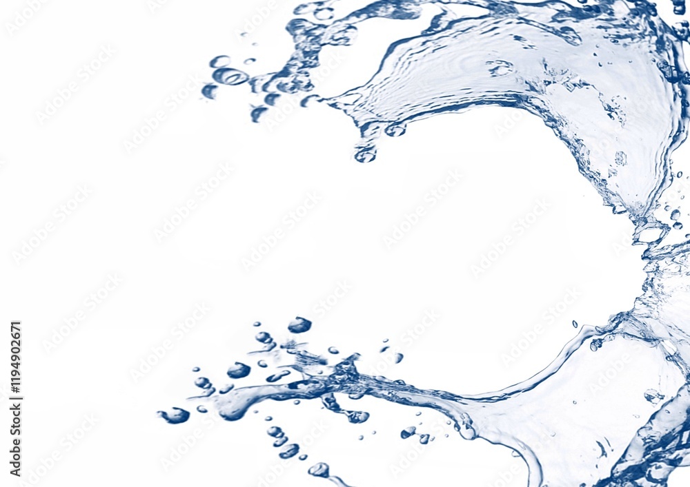 白い背景に流れる青い波と水しぶきの3dイラスト 白い背景に流れる青い波と水しぶきの3dイラスト