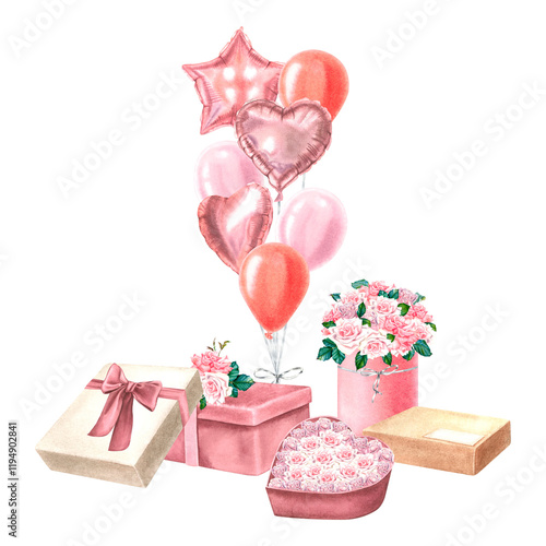 Pink colored balloons fountain, present boxes and rose flowers. Cute watercolor illustration of festive decor on isolated background. Hand drawn watercolor illustration on isolated background.