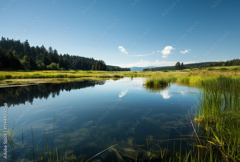 Tranquil lake reflecting a clear blue sky and lush landscape. Generative AI image Tranquil lake reflecting a clear blue sky and lush landscape. Generative AI image