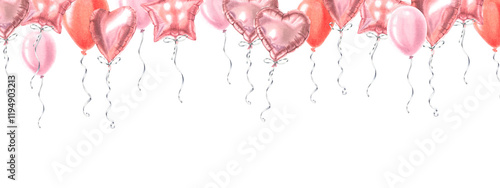 Horizontal banner with flying helium balloons with blank space for greeting text. Hand drawn watercolor illustration of party decor on isolated background. Template for birthday, sale, invitation.