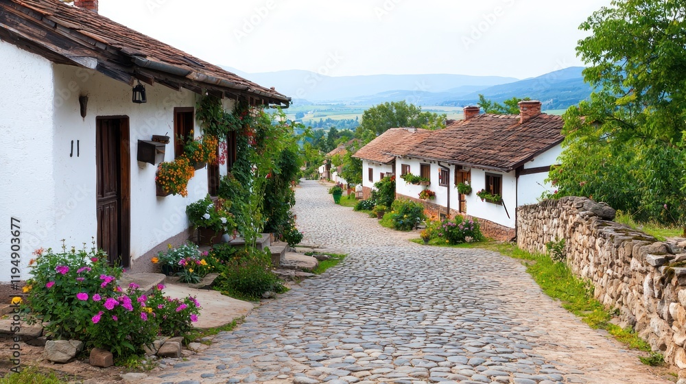 Charming Village Street with Cobblestone Road Charming Village Street with Cobblestone Road