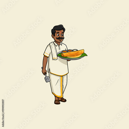A cartoon illustration of a South Indian man in traditional clothing serving a masala dosa with chutney and sambar.
