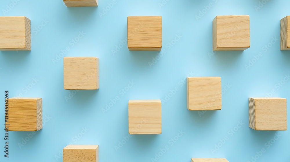 Light wooden blocks arranged in a pattern on a light blue background. Light wooden blocks arranged in a pattern on a light blue background.