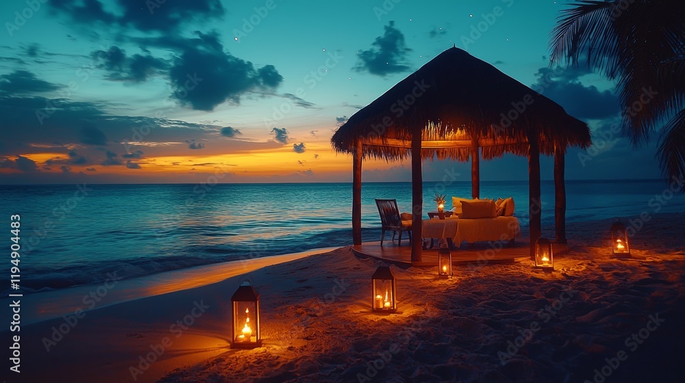 Romantic beach sunset dinner, gazebo, ocean view, candles Romantic beach sunset dinner, gazebo, ocean view, candles