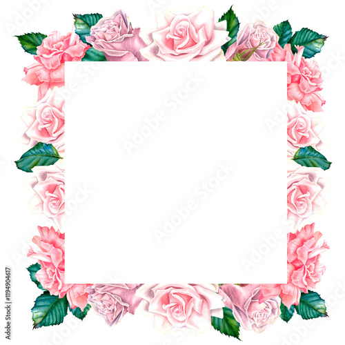 Square floral frame with pastel pink rose flowers, buds and green leaves. Hand drawn watercolor botanical illustration on isolated background. Perfect for greeting cards or wedding invitations.
