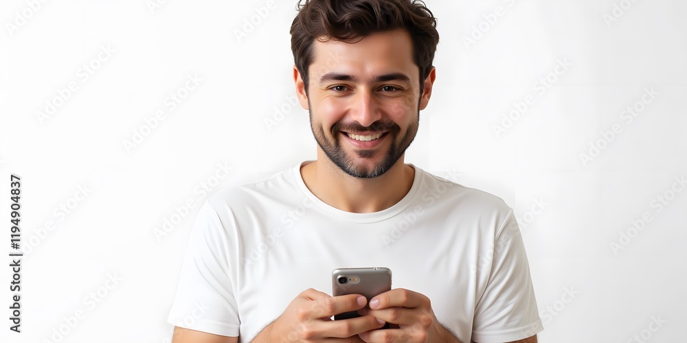 Happy man smiling while using his smartphone. A joyful moment captured in a simple yet elegant shot. Happy man smiling while using his smartphone. A joyful moment captured in a simple yet elegant shot.