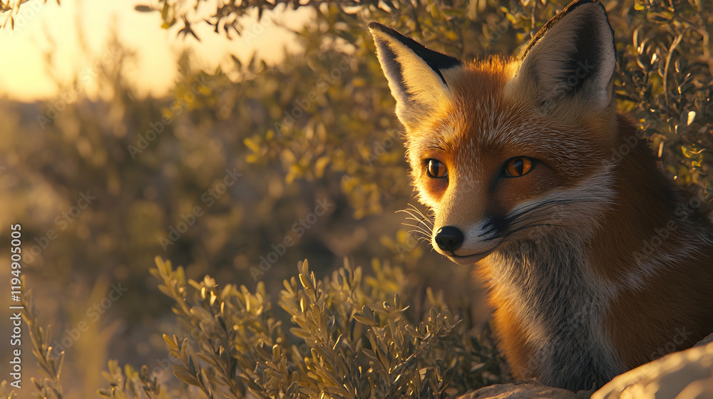 Obraz premium Realistic Illustration - Fox in Sunset Landscape, Wildlife, Nature