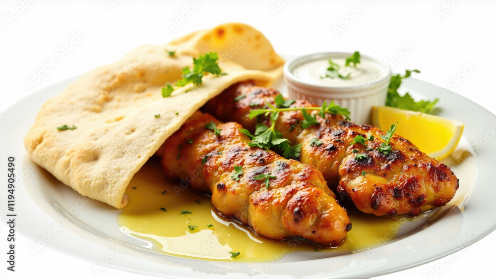 Grilled chicken skewers served with flatbread, lemon, and sauce on a white plate for a delightful meal experience Grilled chicken skewers served with flatbread, lemon, and sauce on a white plate for a delightful meal experience