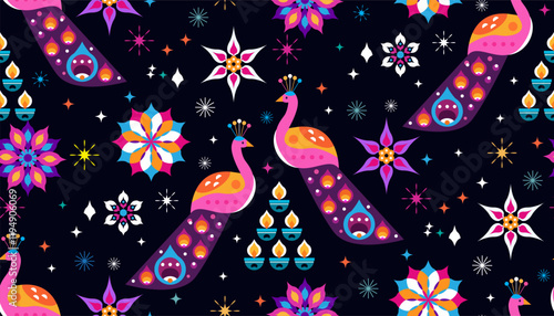 Traditional Indian  Diwali. Deepavali   peacock bird  template design seamless pattern   Festive graphic design background Vector abstract flat illustration