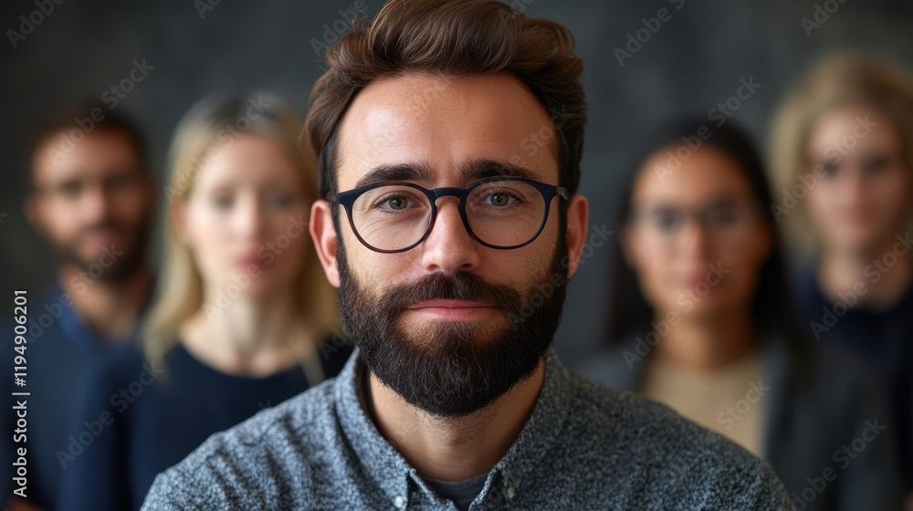 Confident Leader: A confident, bearded man with glasses stands in the foreground, showcasing his leadership presence while surrounded by a team of colleagues in the background. Confident Leader: A confident, bearded man with glasses stands in the foreground, showcasing his leadership presence while surrounded by a team of colleagues in the background.