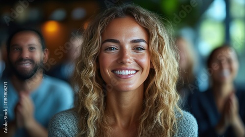 Smiling woman, audience applause, conference, event, presentation