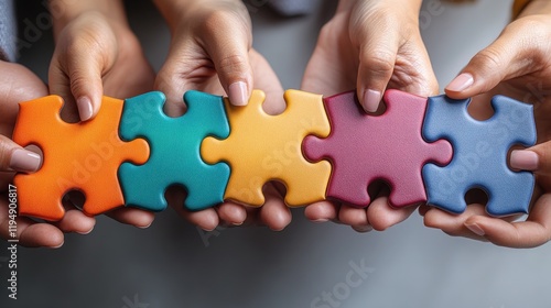 Teamwork Hands joining colorful puzzle pieces on table, collaboration background