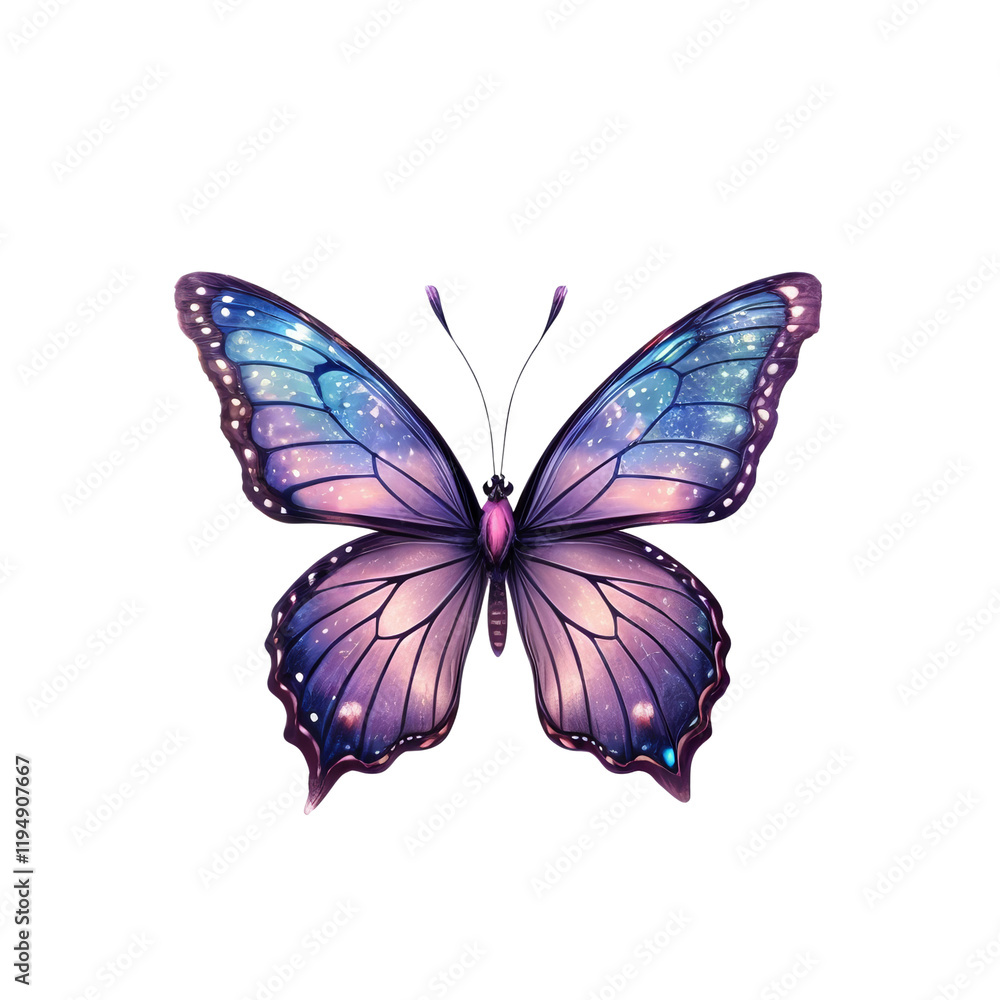 Obraz premium Celestial Butterfly: A captivating illustration of a butterfly, its wings adorned with a mesmerizing cosmic pattern of blues and purples, hinting at a universe of possibilities.