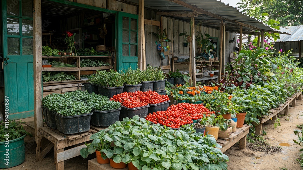 Rural market stall displays potted plants and vegetables Rural market stall displays potted plants and vegetables