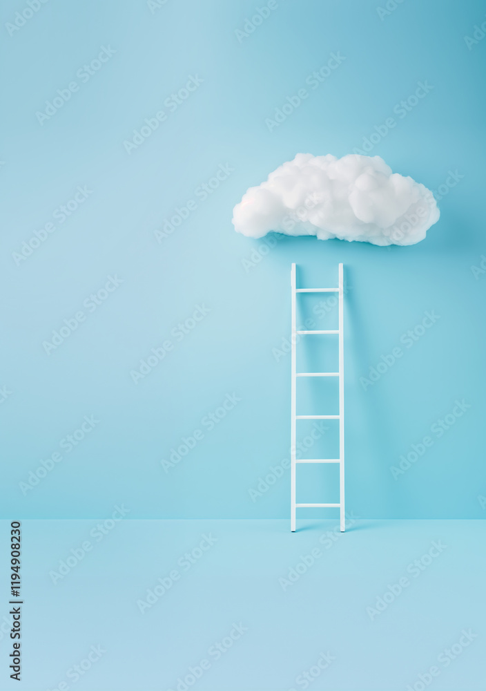 White ladder reaching a cloud on a blue background. Generative AI image White ladder reaching a cloud on a blue background. Generative AI image