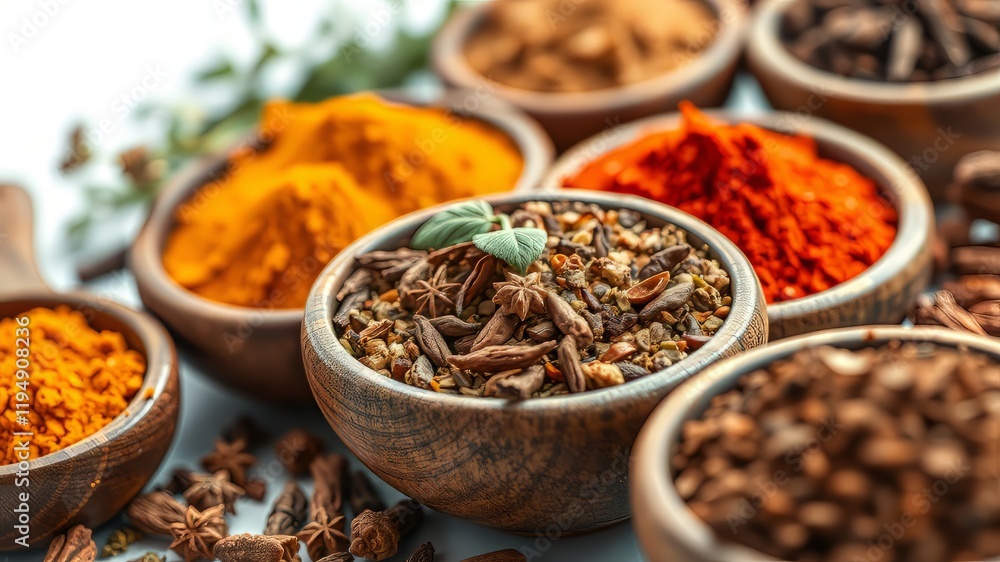 Aromatic Spices in Wooden Bowls - Delicious Flavors Aromatic Spices in Wooden Bowls - Delicious Flavors