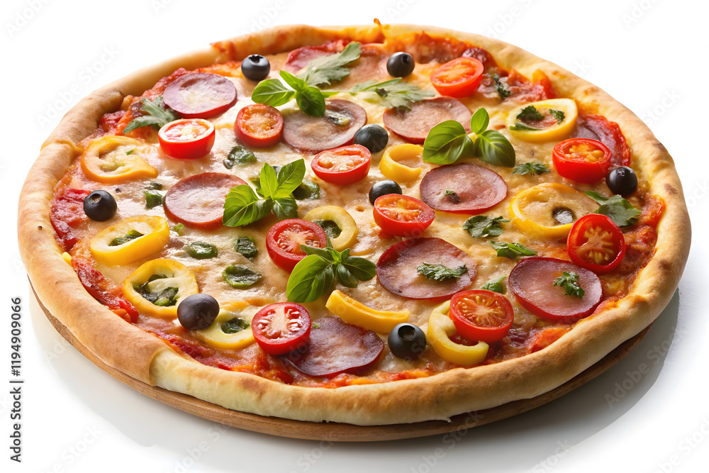 Deliciously loaded pizza with colorful toppings. Deliciously loaded pizza with colorful toppings.
