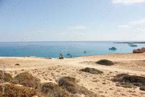 Long distance view of Cape Cavo Greco in summer