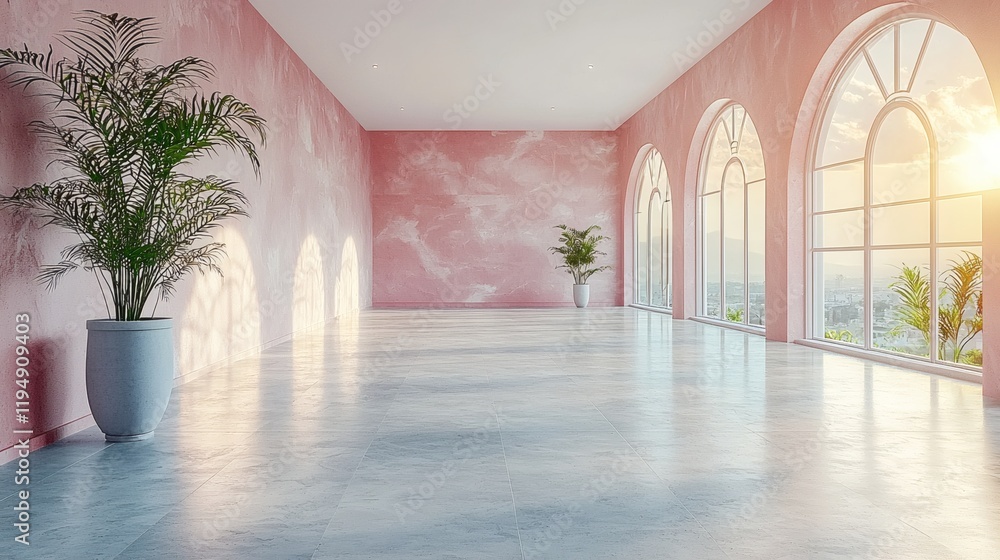 Fototapeta premium Pink Palace Interior: Sun-drenched interior design showcases a spacious room with pink walls, arched windows offering a stunning view, and polished concrete floors, enhanced by elegant potted plants.