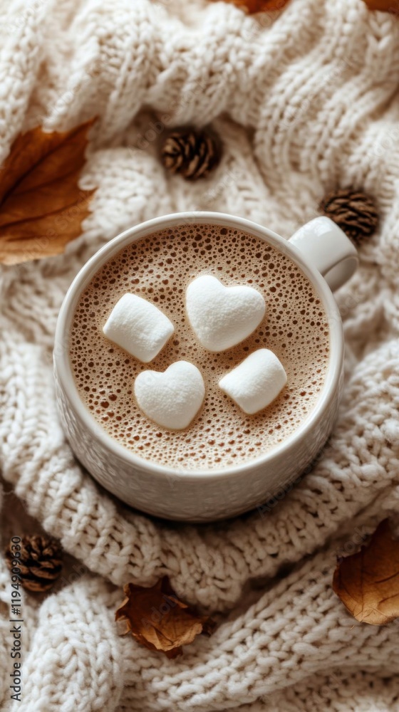 Naklejka premium Cozy autumn drink with heart marshmallows.
