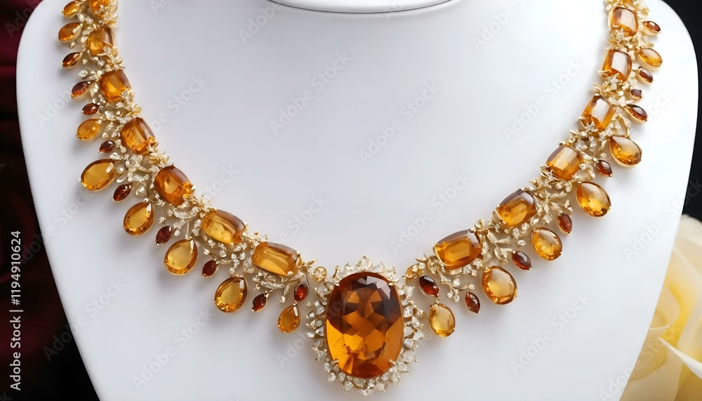 Gorgeous amber necklace adorned with intricate gold detailing and sparkling gems displayed on a mannequin Gorgeous amber necklace adorned with intricate gold detailing and sparkling gems displayed on a mannequin