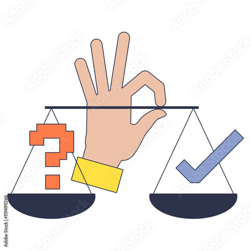 A hand balances a scale with a question mark and a checkmark, symbolizing decision-making.