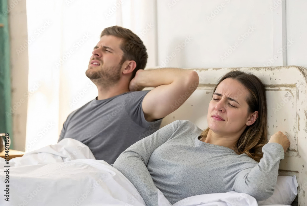 A couple sits in bed with an uncomfortable expression. Both are suffering from back pain, highlighting the common problem of back pain upon waking. A couple sits in bed with an uncomfortable expression. Both are suffering from back pain, highlighting the common problem of back pain upon waking.