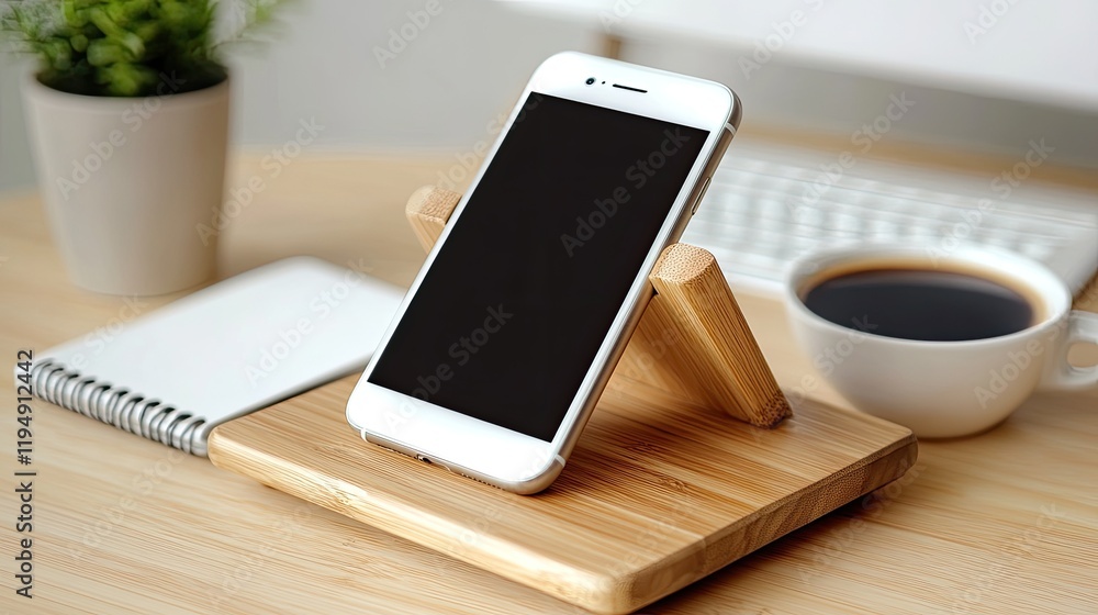 A functional workstation with a phone stand, a notebook, and a cup of coffee on a wooden desk.