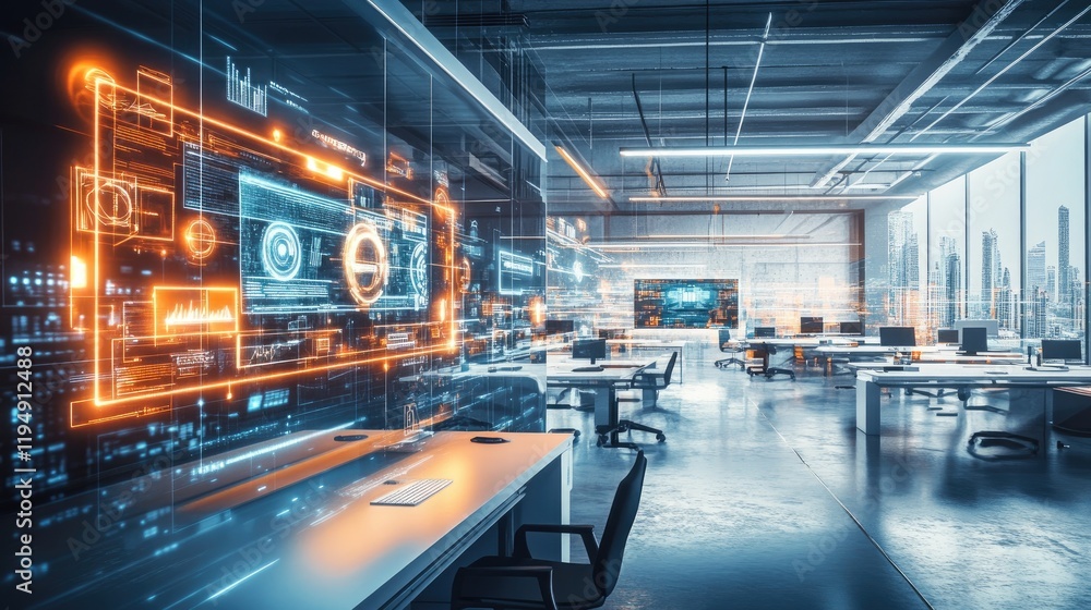 Obraz premium A futuristic high-tech office with holographic screens, sleek desks, and glowing LED lights in a modern workspace.